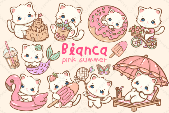 Download Kawaii White Cat Pink Summer Clipart - Pink summer Collection
